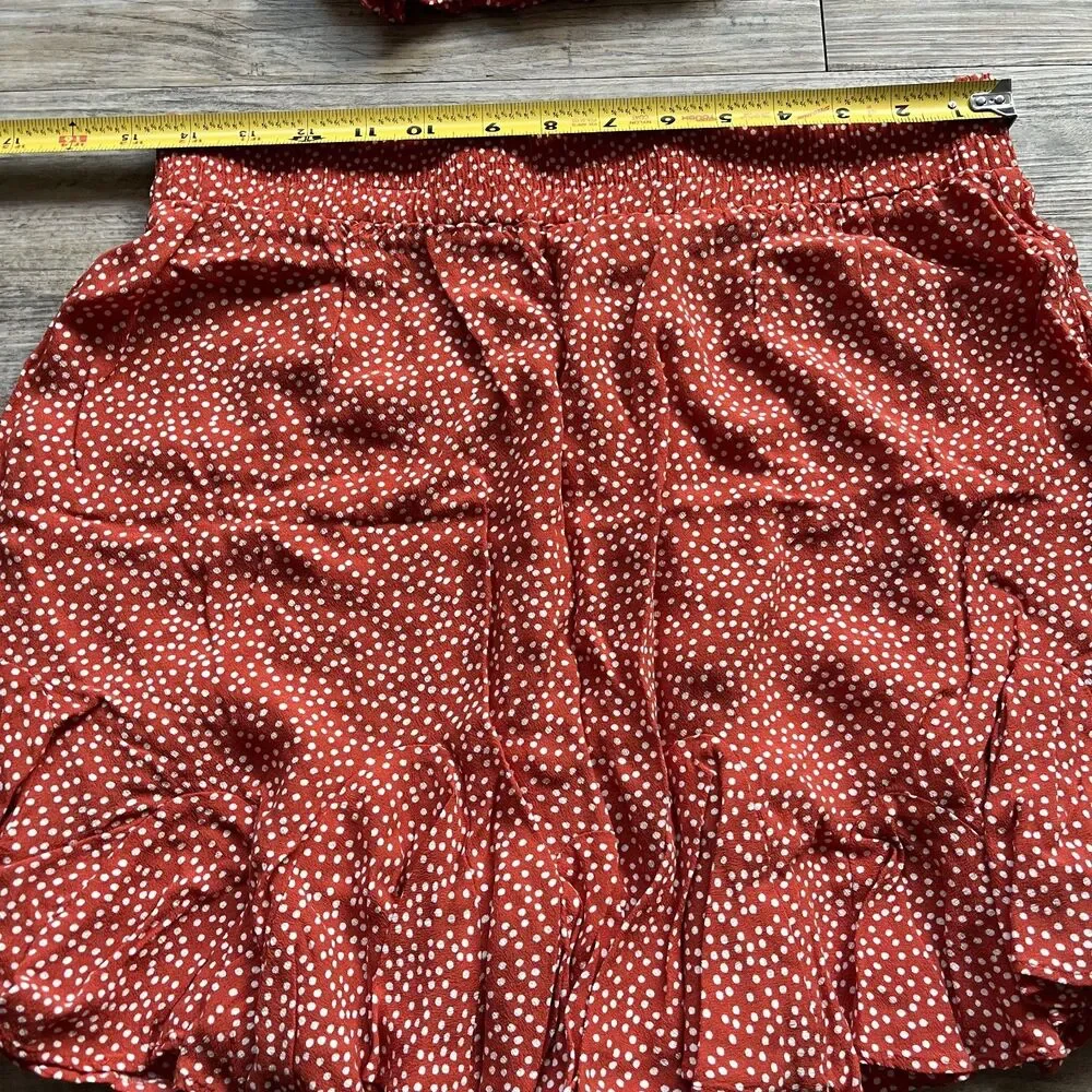 LOFT Puff Sleeve Dotted Smocked Top and Skirt SET Medium Red Orange White